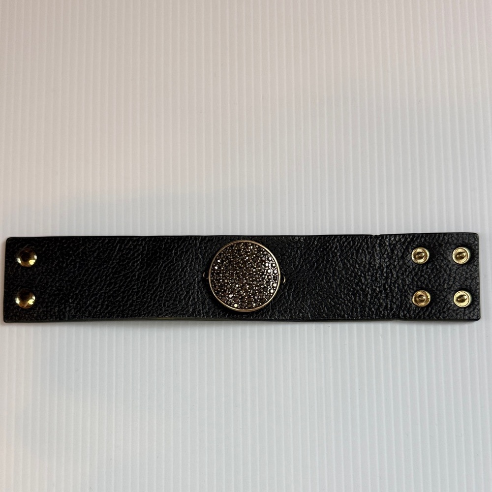 Black Leather Bracelet with Gold Accents